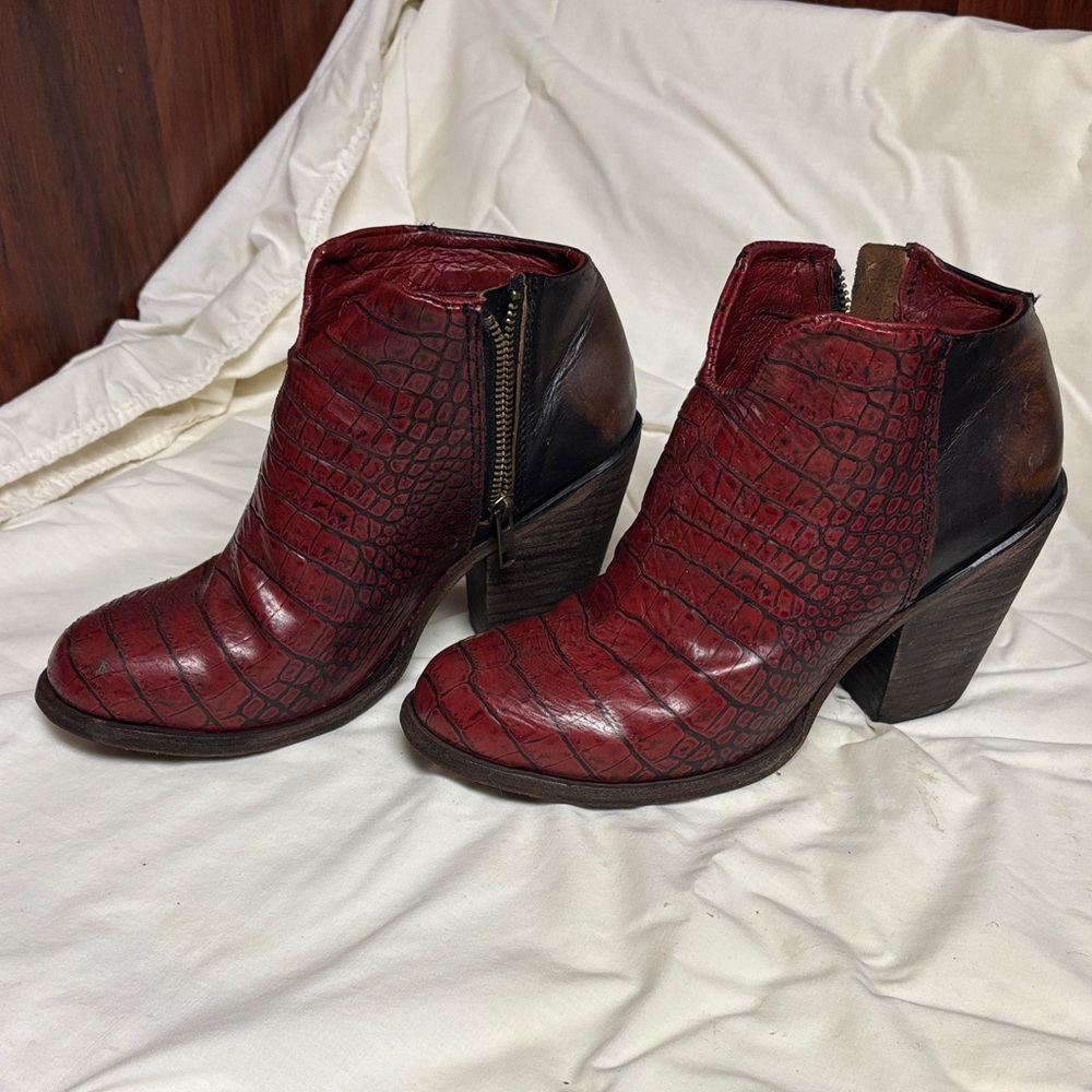Freebird Red and Black Croc-Embossed Ankle Boots